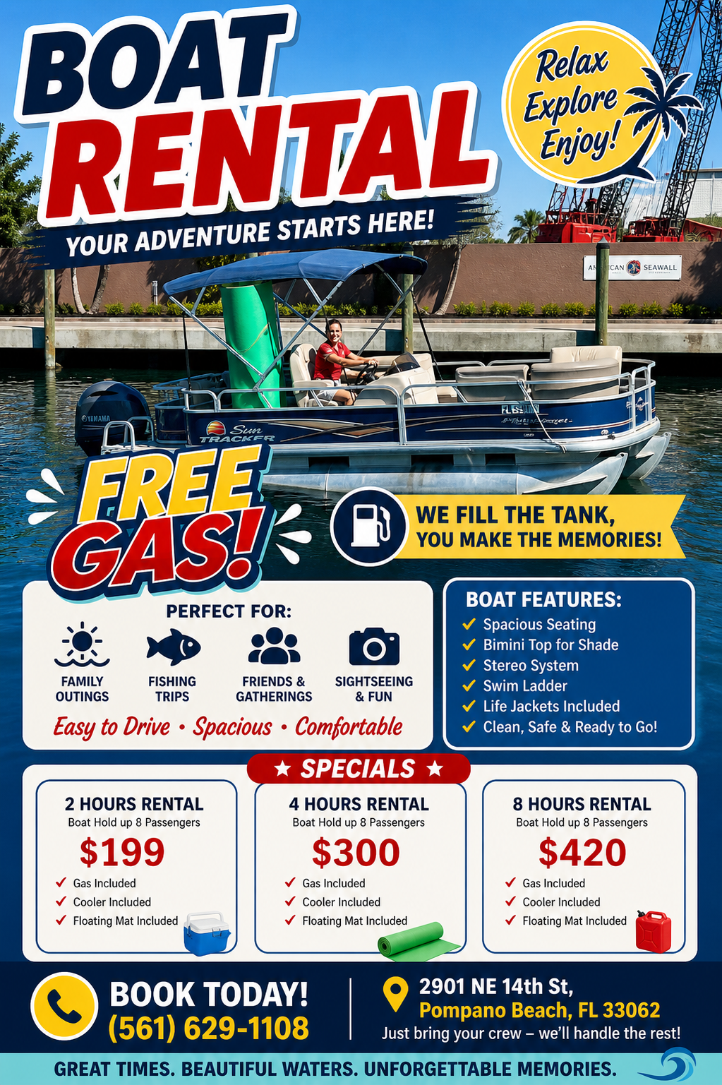 Roadrunner Boat Rental flyer — Free Gas, specials, and pontoon details
